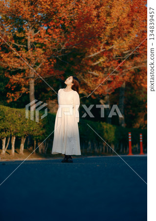 Japanese woman standing in an autumn park 134839457