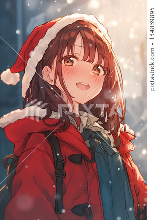 一位戴著聖誕帽的美麗動漫女孩在白雪皚皚的小鎮上微笑——聖誕冬季插畫 一位戴著聖誕帽的美麗動漫女孩在白雪皚皚的小鎮上微笑——聖誕冬季插畫 134839895