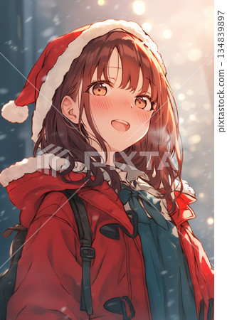 一位戴著聖誕帽的美麗動漫女孩在白雪皚皚的小鎮上微笑——聖誕冬季插畫 一位戴著聖誕帽的美麗動漫女孩在白雪皚皚的小鎮上微笑——聖誕冬季插畫 134839897