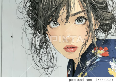 夏季女孩身著浴衣的肖像插畫 134840083