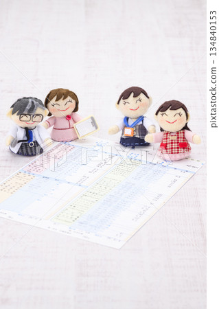 Doctor, nurse, office lady, housewife dolls and medical examination result form 134840153