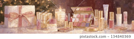 Still life illustration of cosmetics and gift boxes, watercolor style, beauty background Still life illustration of cosmetics and gift boxes, watercolor style, beauty background 134840369