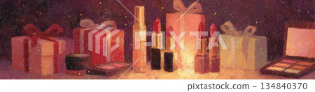 節日禮物和化妝品插畫暖色調美妝藝術 134840370