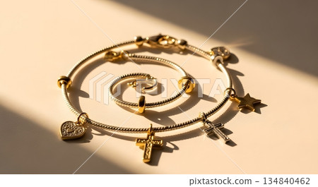 Golden Bracelets Arranged In A Spiral On Beige Surface With Sunlight Highlighting Charms And Details 134840462