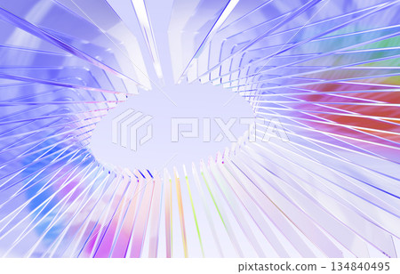 Radial circle speed lines with rainbow holographic gradient on light purple background. Ribbed fractal glass texture, circular array effect. Abstract layer bg of transparent stripes. 3D illustration 134840495