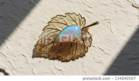 Iridescent Opal Gemstone Brooch on Gold Leaf Filigree with Textured White Background Iridescent Opal Gemstone Brooch on Gold Leaf Filigree with Textured White Background 134840507