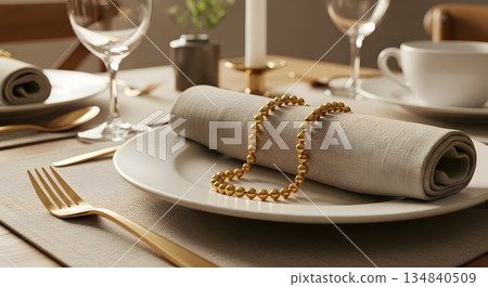 Luxurious Table Setting with Golden Utensils and Necklace on White Plate 134840509