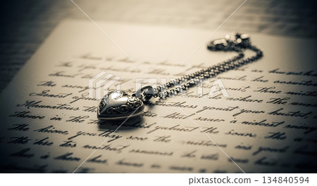Silver Heart Pendant Necklace on Vintage Letter with Elegant Cursive Handwriting 134840594