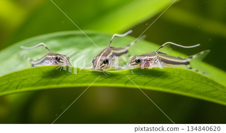 Three Corydoras Catfish On A Vibrant Green Leaf Showing Aquatic Life Close-Up Detail Underwater Three Corydoras Catfish On A Vibrant Green Leaf Showing Aquatic Life Close-Up Detail Underwater 134840620
