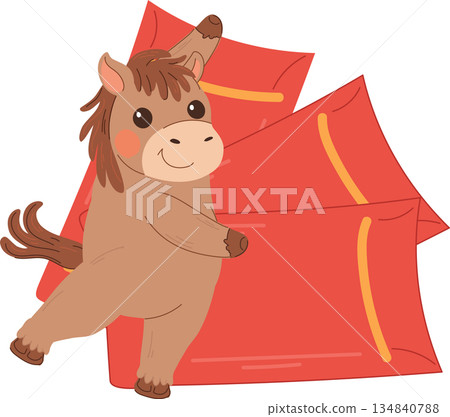 cute cartoon horse holding red envelopes for chinese new year celebration 134840788