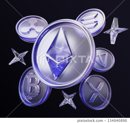 Glass cryptocurrency coins with purple blue neon gradient flying on black 3d background. Crypto currency, digital assets, money tokens with stars for buy, sell, stake and exchange. 3D illustration Glass cryptocurrency coins with purple blue neon gradient flying on black 3d background. Crypto currency, digital assets, money tokens with stars for buy, sell, stake and exchange. 3D illustration 134840898
