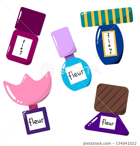 Set of blue perfume bottles. Fashion bottles for cosmetics. 134841022