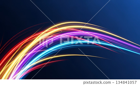 深藍色背景上閃爍的霓虹色燈帶和動態效果 134841057