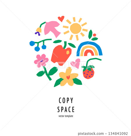 Spring greeting card template with naive doodles and childlike charm, vector flat cartoon illustration about love, celebration. Flowers, rainbow and sun for holiday cards, invitations with copy space 134841092