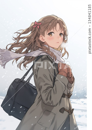 一位美麗的動漫少女在雪地裡漫步——冬季郊遊插畫，她戴著圍巾 134841185