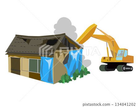 用鏟子拆除廢棄房屋的工作示意圖 134841202