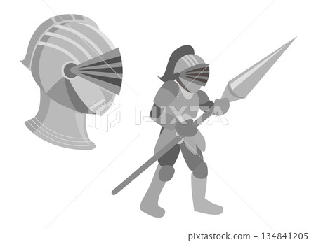 西方騎士身著盔甲的插圖（手持長矛和頭盔站立） 134841205