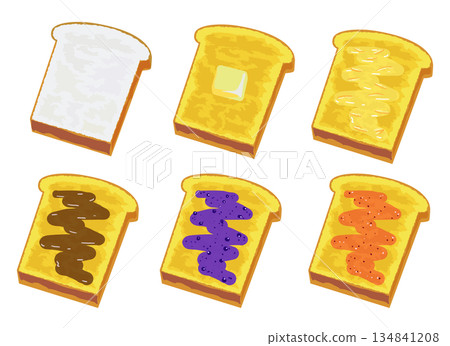 Illustration of a set of bread and toast with jam and butter 134841208