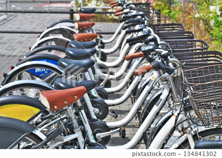 Many bicycles lined up at the shared bicycle port 134841302
