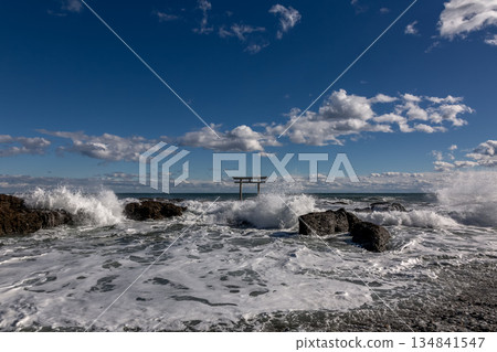 The impressive Kamiiso no Torii gate and rough waves seen from the coast [Oarai Coast, Ibaraki Prefecture] 134841547