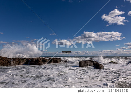 The impressive Kamiiso no Torii gate and rough waves seen from the coast [Oarai Coast, Ibaraki Prefecture] 134841558