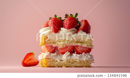 粉紅色背景上的草莓蛋糕 134841596