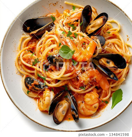 白色背景上的海鮮義大利麵 134841598