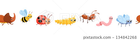 Seamless border with cute bugs. Childish endless pattern isolated on white 134842268