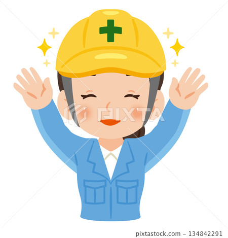 A smiling woman wearing work clothes and a helmet raising both hands in a cheer, upper body illustration A smiling woman wearing work clothes and a helmet raising both hands in a cheer, upper body illustration 134842291