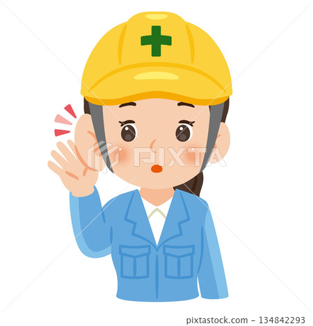 Woman wearing work clothes and a helmet eavesdropping, upper body illustration 134842293
