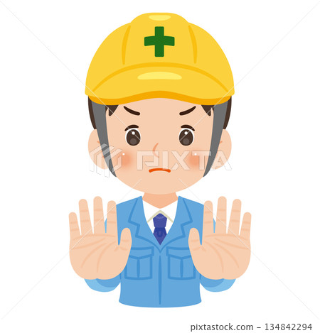 Illustration of a man wearing work clothes and a helmet standing still with both palms Illustration of a man wearing work clothes and a helmet standing still with both palms 134842294