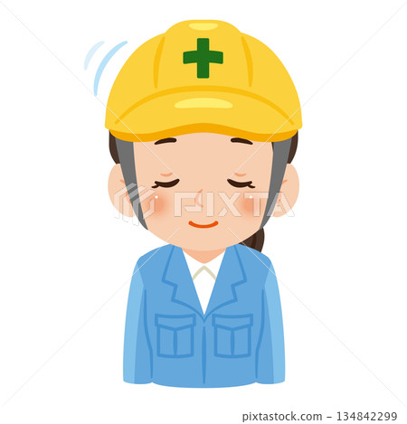 A woman wearing work clothes and a helmet bowing. Upper body illustration A woman wearing work clothes and a helmet bowing. Upper body illustration 134842299