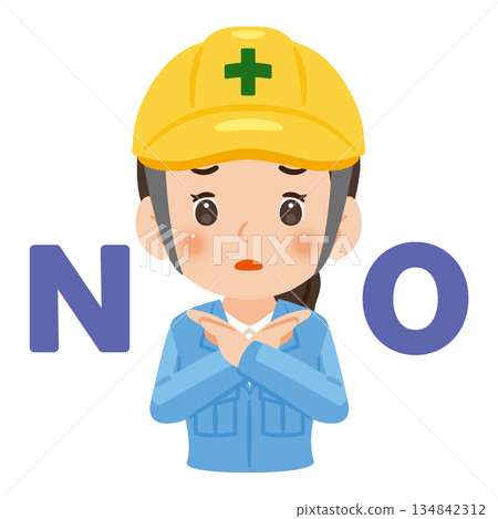 A woman wearing work clothes and a helmet making a cross pose with both hands. Upper body illustration A woman wearing work clothes and a helmet making a cross pose with both hands. Upper body illustration 134842312
