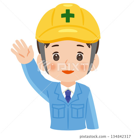 Illustration of a man wearing work clothes and a helmet with one hand raised high, upper body Illustration of a man wearing work clothes and a helmet with one hand raised high, upper body 134842317