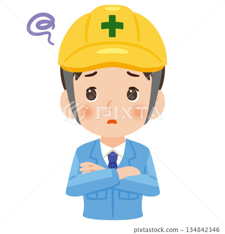 Illustration of a man wearing troublesome work clothes and a helmet Illustration of a man wearing troublesome work clothes and a helmet 134842346