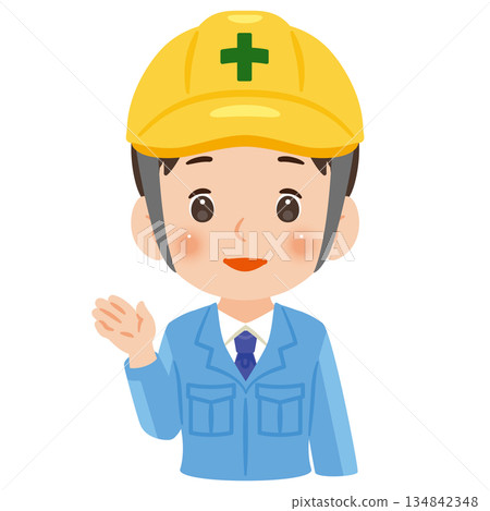 Illustration of a man wearing work clothes and a helmet to guide people 134842348