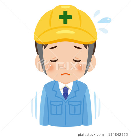 A man wearing work clothes and a helmet apologizing - upper body illustration 134842353