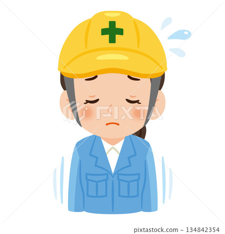 一位身穿工作服、頭戴安全帽的女子正在道歉——上半身插圖 134842354