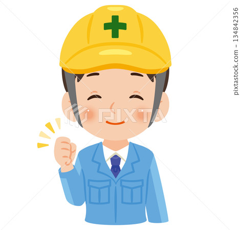 身穿工作服、頭戴頭盔的微笑男子上半身插圖 134842356