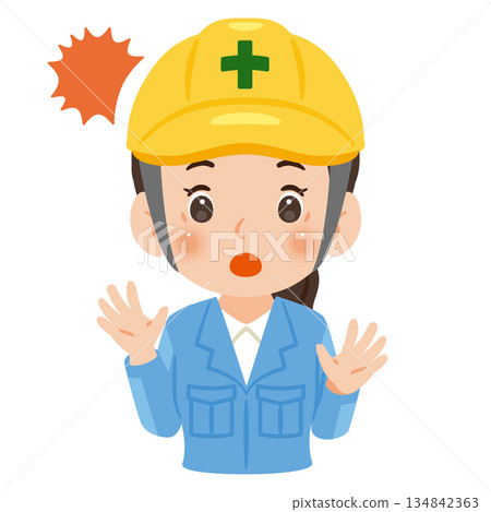 A surprised woman wearing work clothes and a helmet, upper body illustration A surprised woman wearing work clothes and a helmet, upper body illustration 134842363