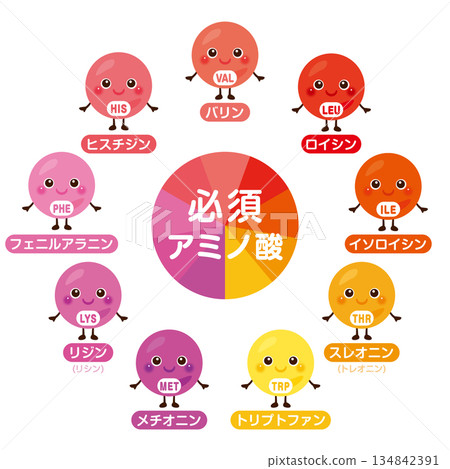Essential amino acid character illustration set in Japanese Essential amino acid character illustration set in Japanese 134842391