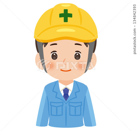 Illustration of a man wearing work clothes and a helmet, upper body Illustration of a man wearing work clothes and a helmet, upper body 134842393