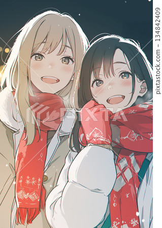 兩個微笑的動漫女孩在雪夜裡並肩站著——戴著紅色圍巾的冬季插畫 134842409