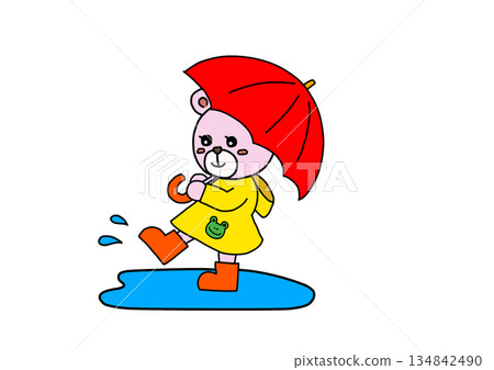 A bear playing in a puddle with an umbrella 134842490