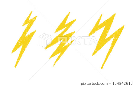 Doodle crayon lightning symbols set. Hand drawn chalk lightning icon with grunge texture. Graphic element. Crayon doodle yellow thunder. Vector pencil illustration isolated on white background 134842613