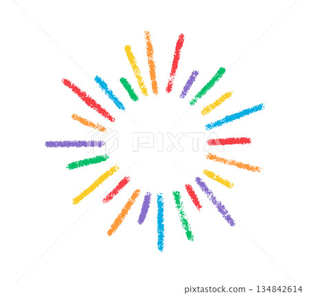 Crayon doodle confetti. Color pencil hand drawn firework symbol. Chalk color birthday firecracker confetti. Crayon graphic design circle element. Vector illustration isolated on white background 134842614