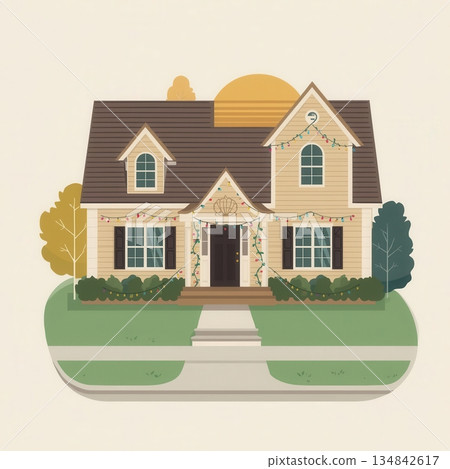 Cozy Suburban House with Christmas Lights and Sunset Background in Flat Cartoon Style Illustration 134842617