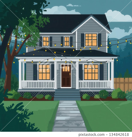 Cozy Two-Story House with String Lights and Warm Windows in Evening Garden Scene Illustration 134842618