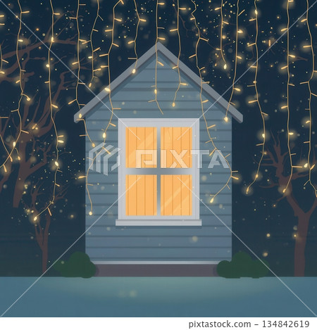 Cozy Winter House with Warm Window Light and Christmas Fairy String Lights in Peaceful Night Illustration 134842619
