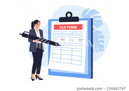 Illustration of Businesswoman Filling Out Large Tax Form Clipboard 134842747
